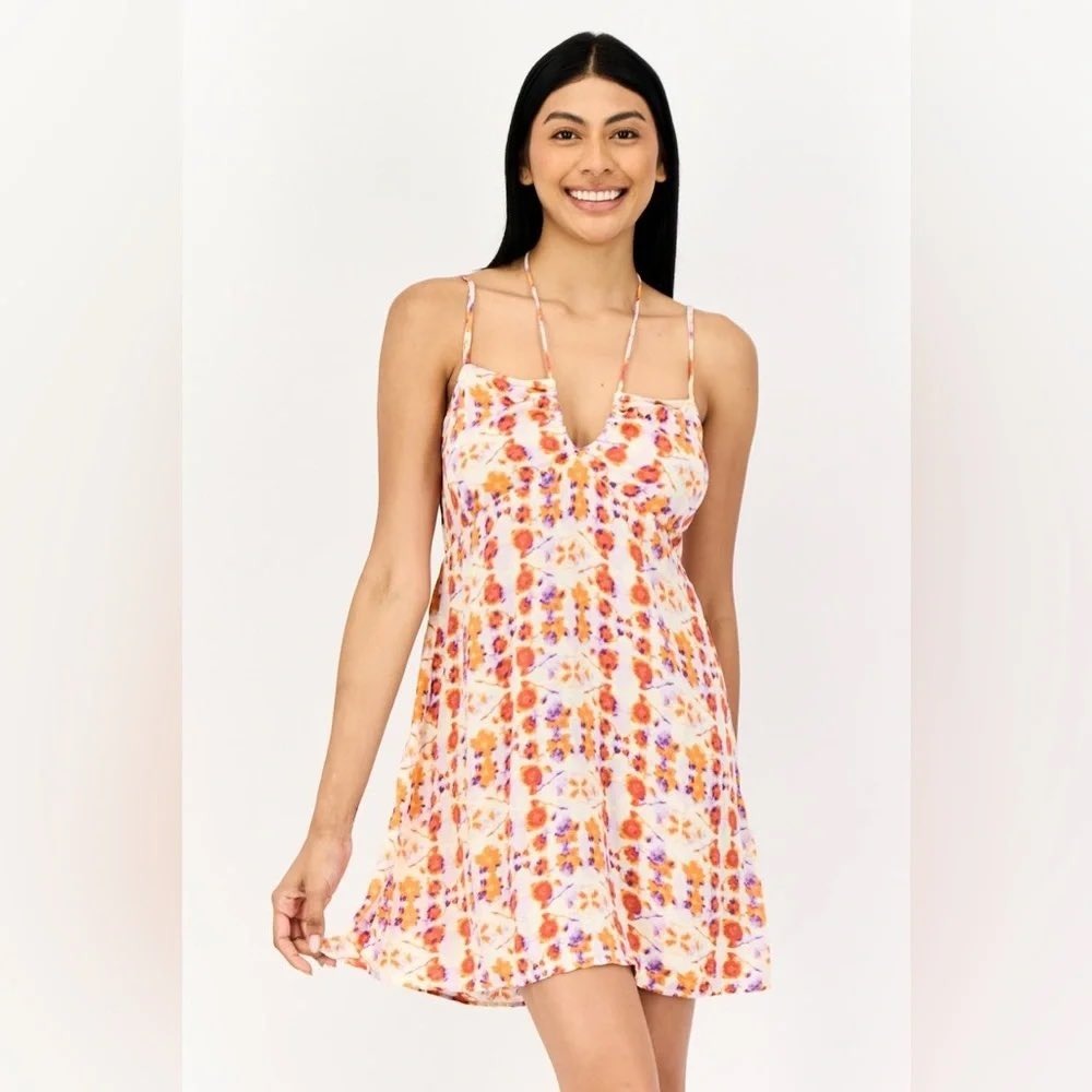 Aerie Floral Smocked Back Mini Dress Orange Purple V-Neck Size Large